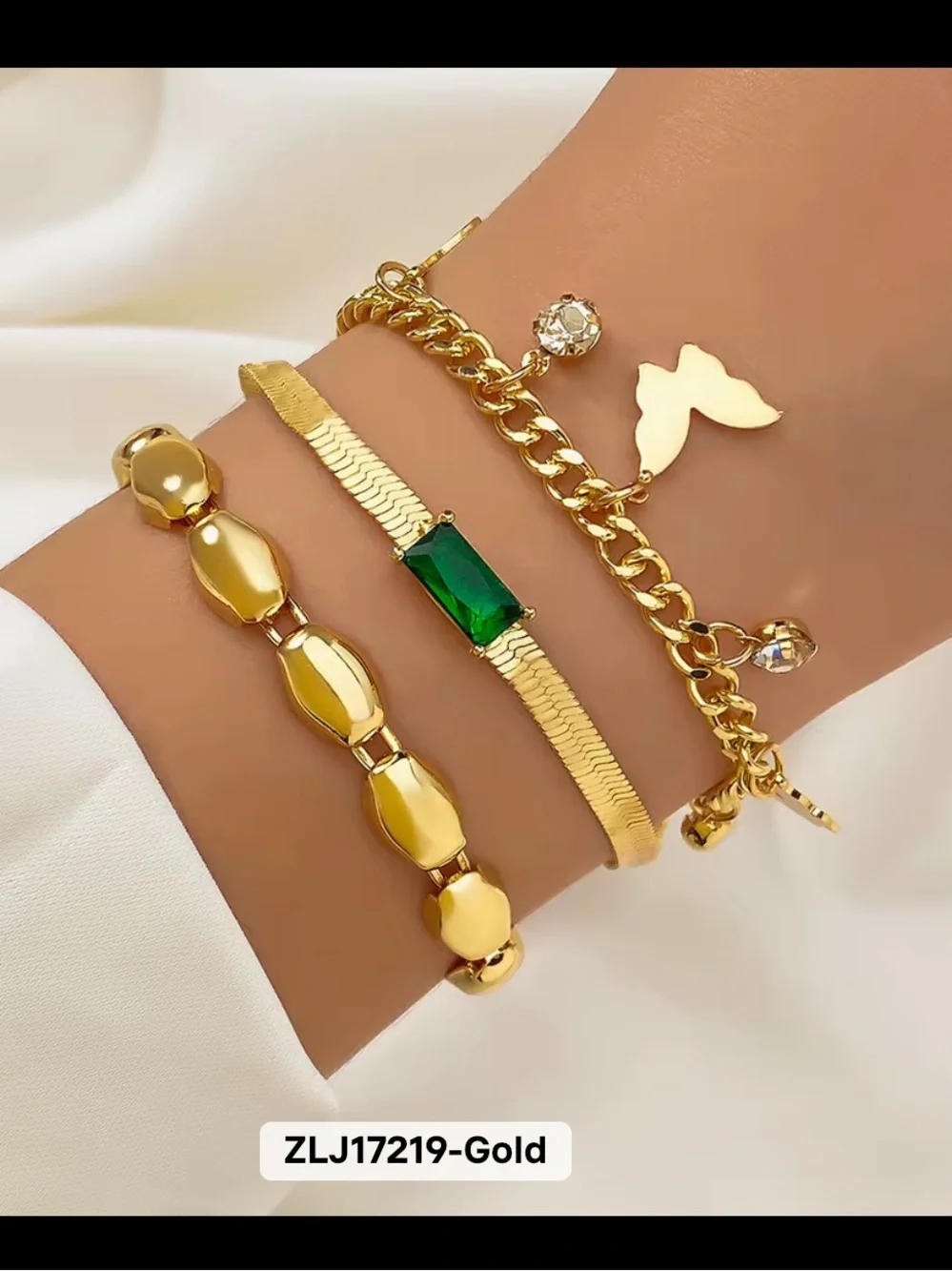 Gold Women's Bracelet Set with Emerald Accent